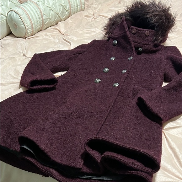 Women's Double-Breasted Coat with Faux Fur Trim - Burgundy - Picture 2 of 7